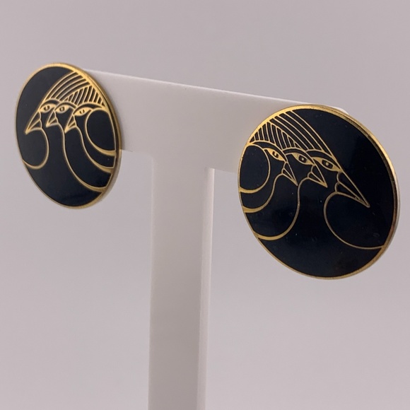 Signed Laurel Burch Gold Tone Black Enamel "Celestial Birds" Pierced Earrings 1" - Picture 2 of 4